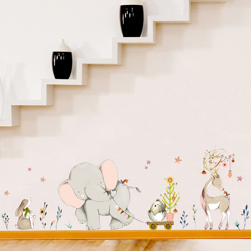 Baby Nursery Mural Wallpaper - Feliz bebê elefante coelho adesivos de