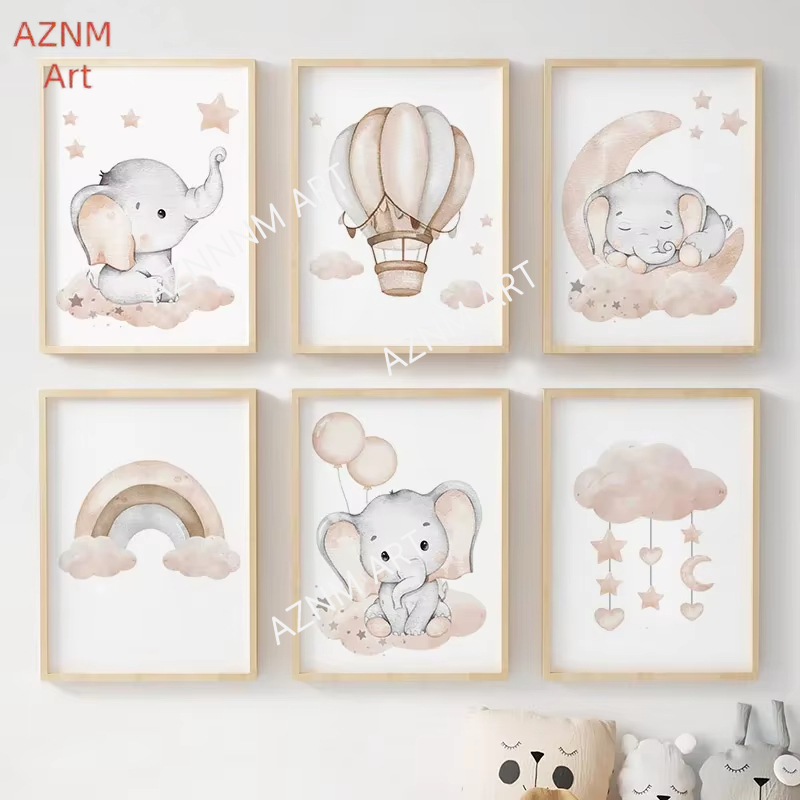 Baby Nursery Needs - Pôsteres de elefante, balão, arco-íris, lua,