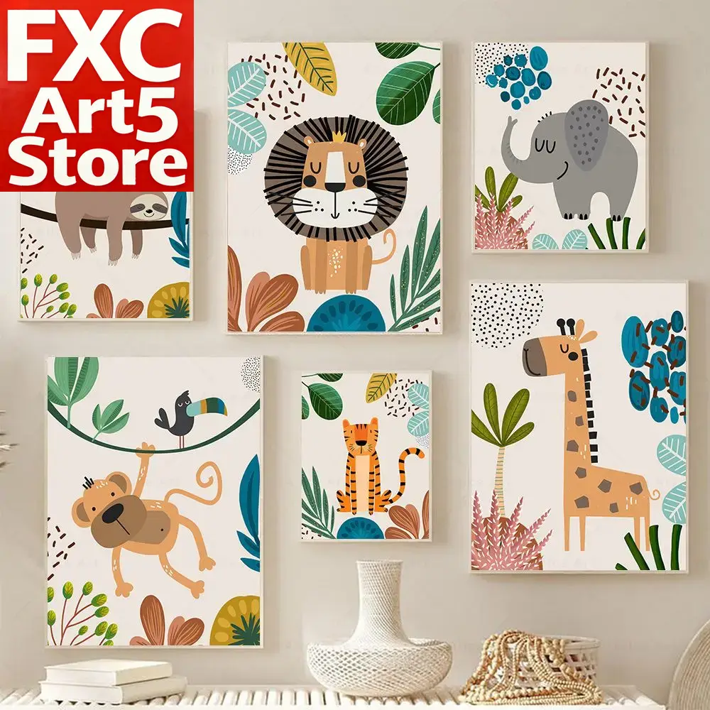 Baby Nursery Posters - Pôsteres Botânicos Boho com Macaco, Leão,