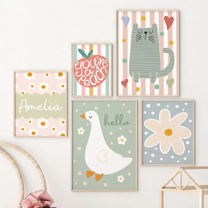 Baby Nursery Posters - Gato dos desenhos animados pato pássaro