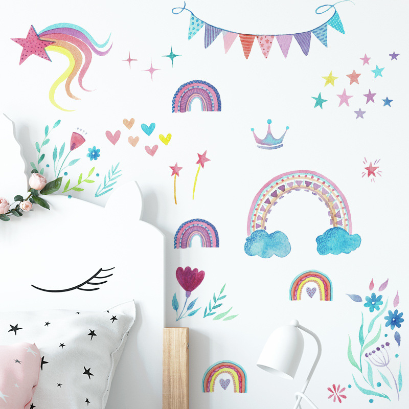 Baby Nursery Mural Wallpaper - Adesivo de parede com estrelas arco-íris,