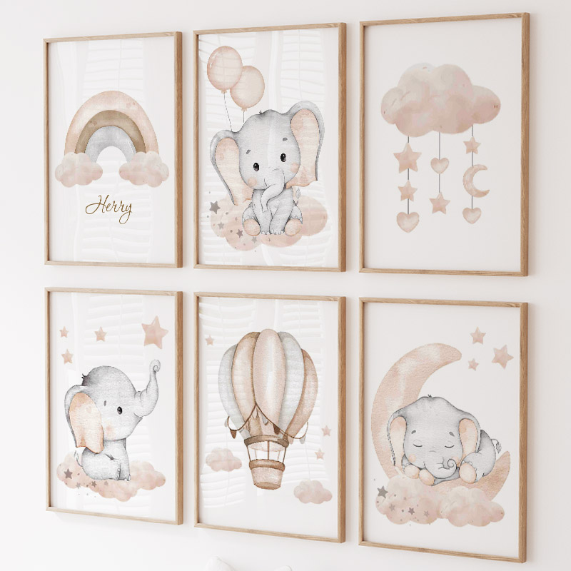 Baby Nursery Posters - Elefante bonito balão quente lua arco-íris