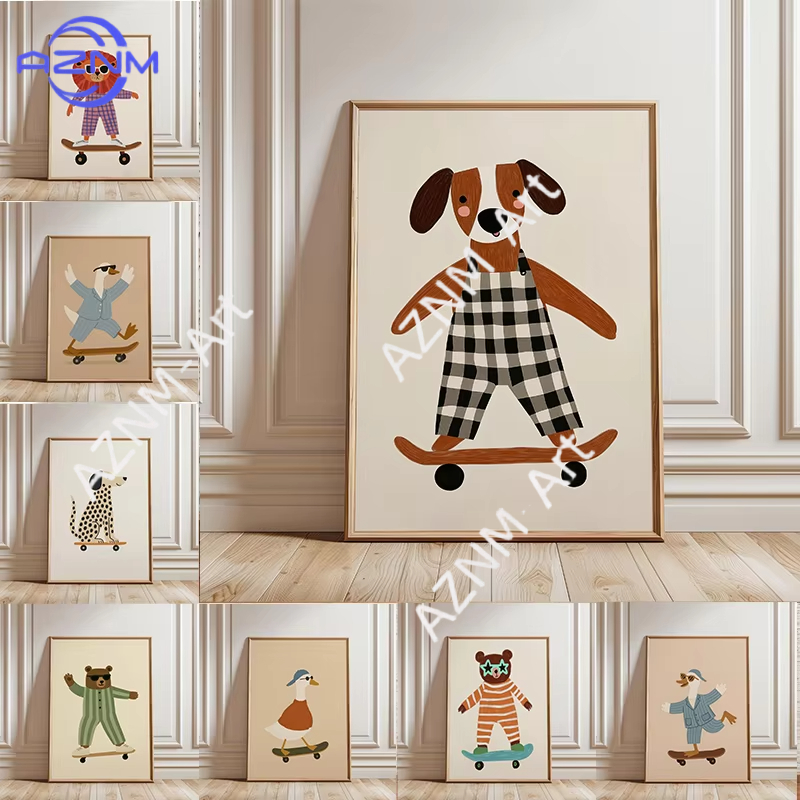 Baby Nursery Needs - Pôster Engraçado de Animais Skateboarding, Pintura