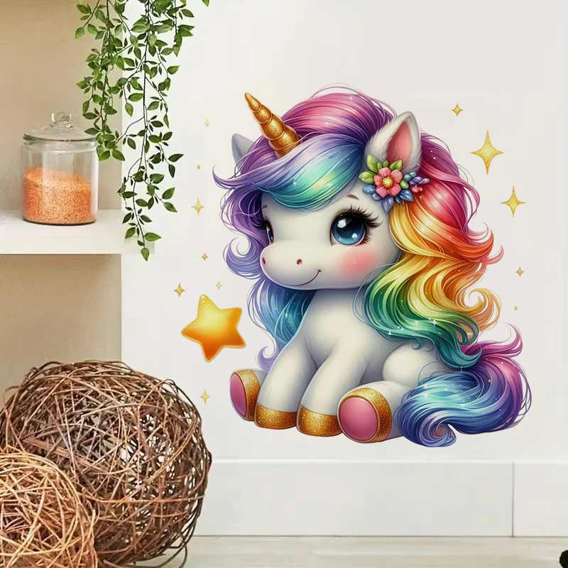Baby Nursery Mural Wallpaper - Bonito arco-íris unicórnio adesivo de parede