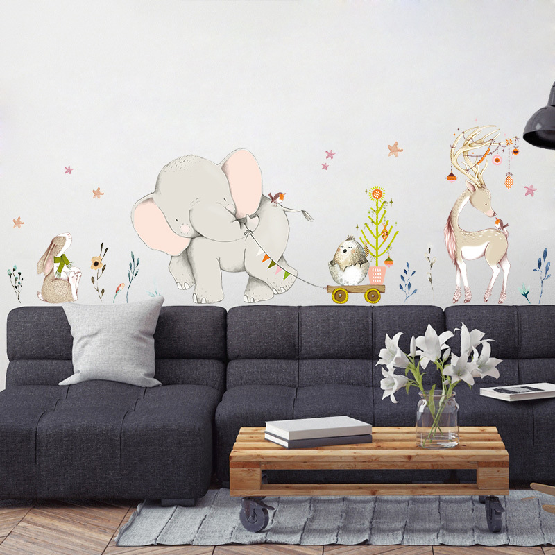 Feliz bebê elefante coelho ade - Baby Nursery Mural Wallpaper avaliação e preço